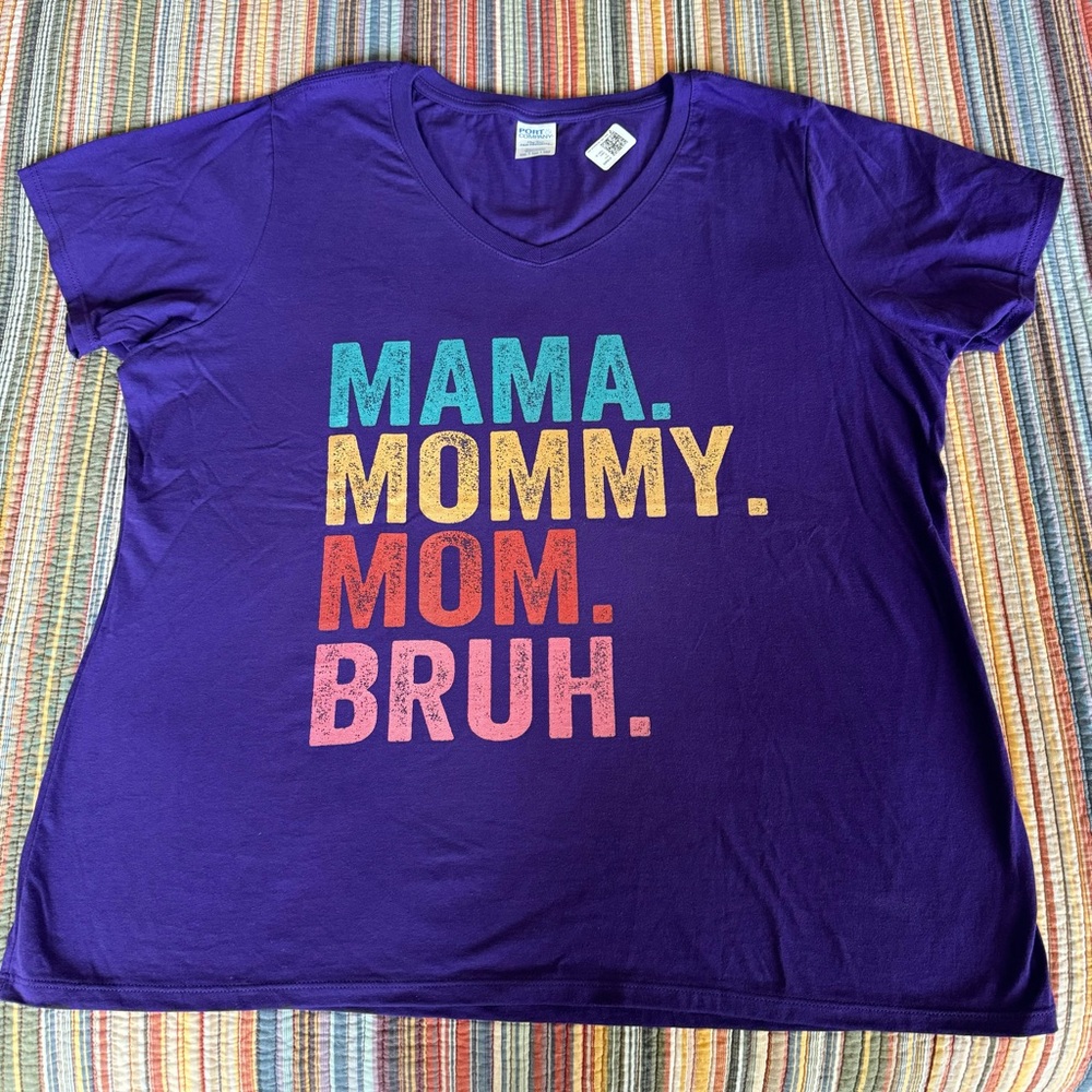 "Mama Mommy Mom Bruh" purple v-neck short sleeve T-shirt Women's XXL NWT novelty
